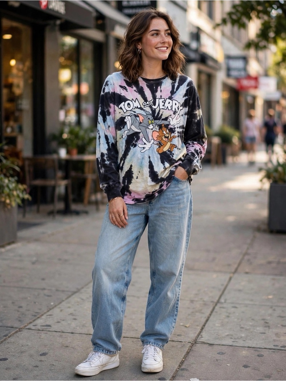 TOM AND JERRY TIE DYE LONG SLEEVE GRAPHIC TEE CARTOON Y2K PASTEL BLACK MENS L